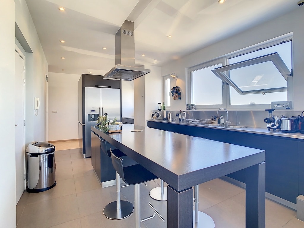Cuisine moderne avec îlot central, grands fenêtres, meubles foncés et appareils en inox élégants.