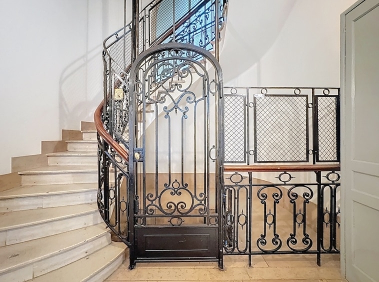Escalier en Pierre et Fer Forgé, élégance classique, motifs floraux, design sophistiqué, lumière naturelle.