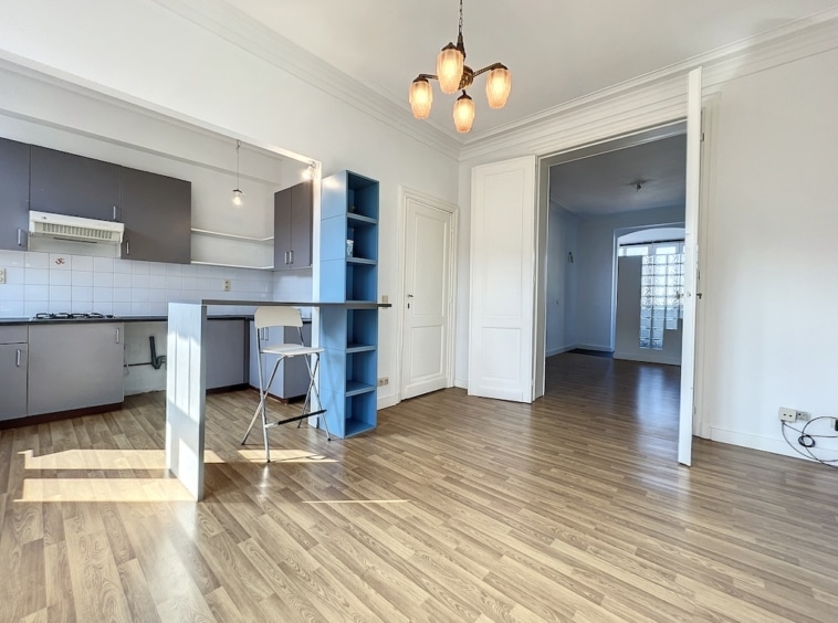Salon lumineux avec cuisine moderne, mobilier minimaliste et espace ouvert accueillant.