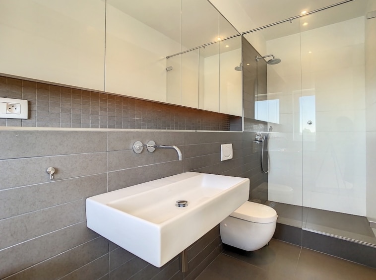 Salle de bain moderne en gris clair avec lavabo, miroir, douche en verre et finitions chrome.
