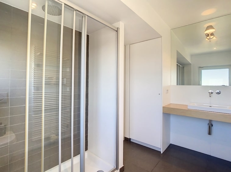 Salle de bain moderne avec douche en verre, grand miroir, éclairage élégant et sol en carrelage foncé.