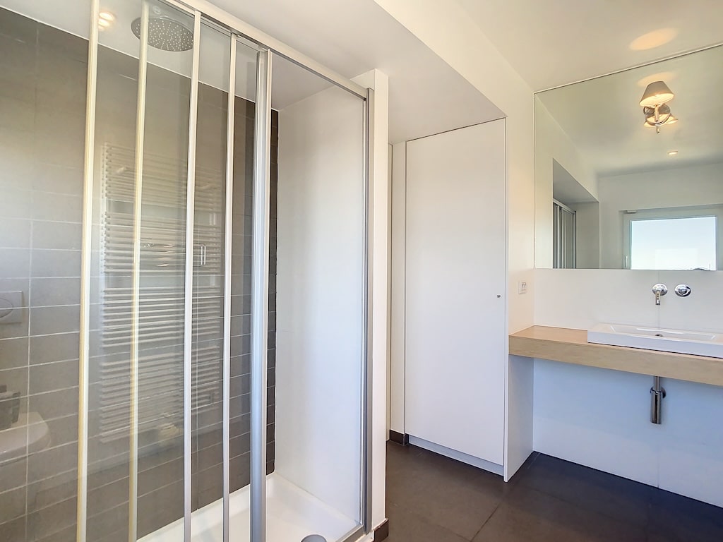 Salle de bain moderne avec douche en verre, grand miroir, éclairage élégant et sol en carrelage foncé.