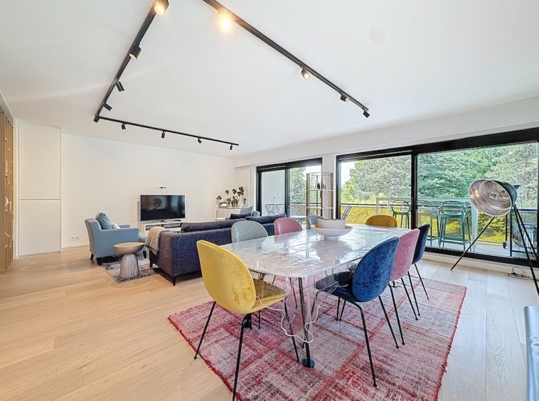 Salon moderne lumineux avec espace repas coloré, canapé bleu, vue sur jardin, ambiance chaleureuse.