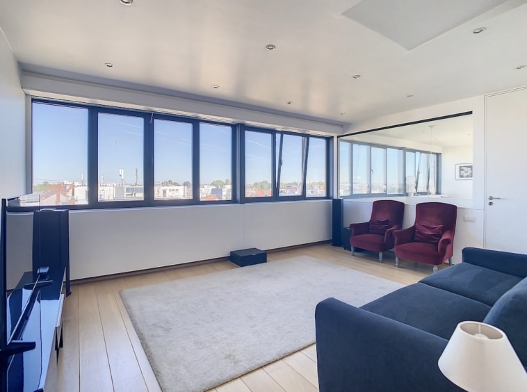 Salon moderne lumineux avec grand windows, mobilier minimaliste, canapés noirs et fauteuils bordeaux.