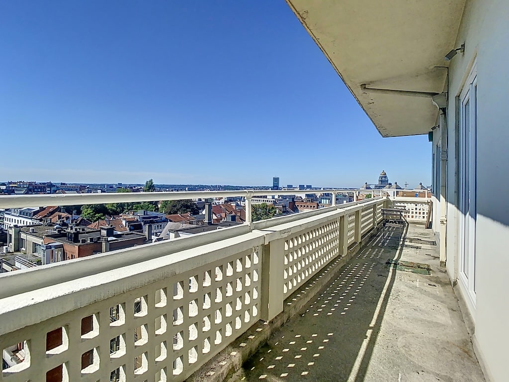 Balcon ensoleillé offrant une vue panoramique sur la ville, avec fleuve et skyline.