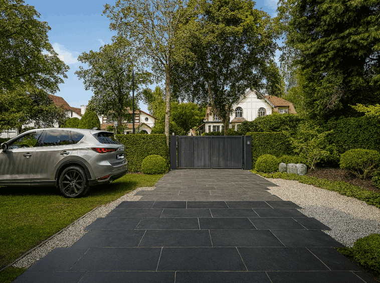 Allée élégante avec portail noir, voiture moderne et jardin soigné dans un cadre paisible.