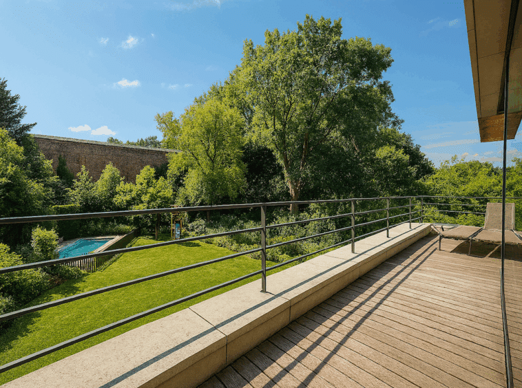 Balcon moderne avec jardin verdoyant, piscine et vue sereine sur la nature en plein air.