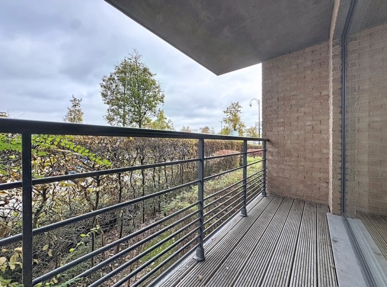 Balcon moderne en bois avec vue verdoyante et ciel gris, parfait pour la détente élégante.