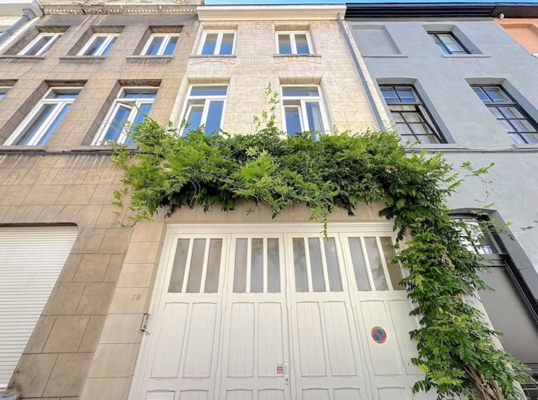 Façade urbaine avec végétation, styles variés, harmonie entre architecture et nature sous ciel bleu.