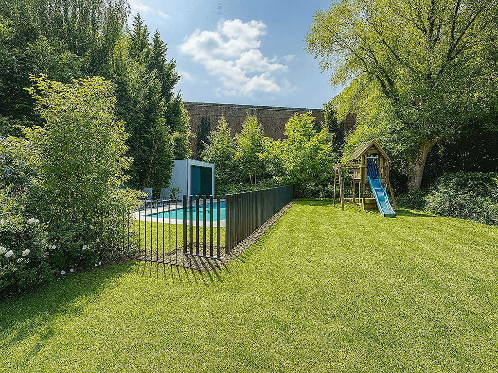 Jardin familial ensoleillé avec piscine, aire de jeux, pelouse verdoyante et fleurs colorées.
