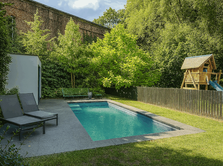 Piscine moderne, jardin verdoyant, espace détente, aire de jeux pour enfants, havre familial.