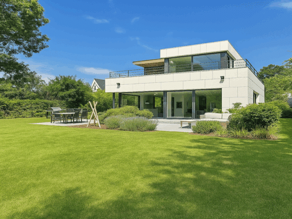 Maison moderne avec jardin, terrasse élégante, grandes fenêtres, ambiance contemporaine et paisible.