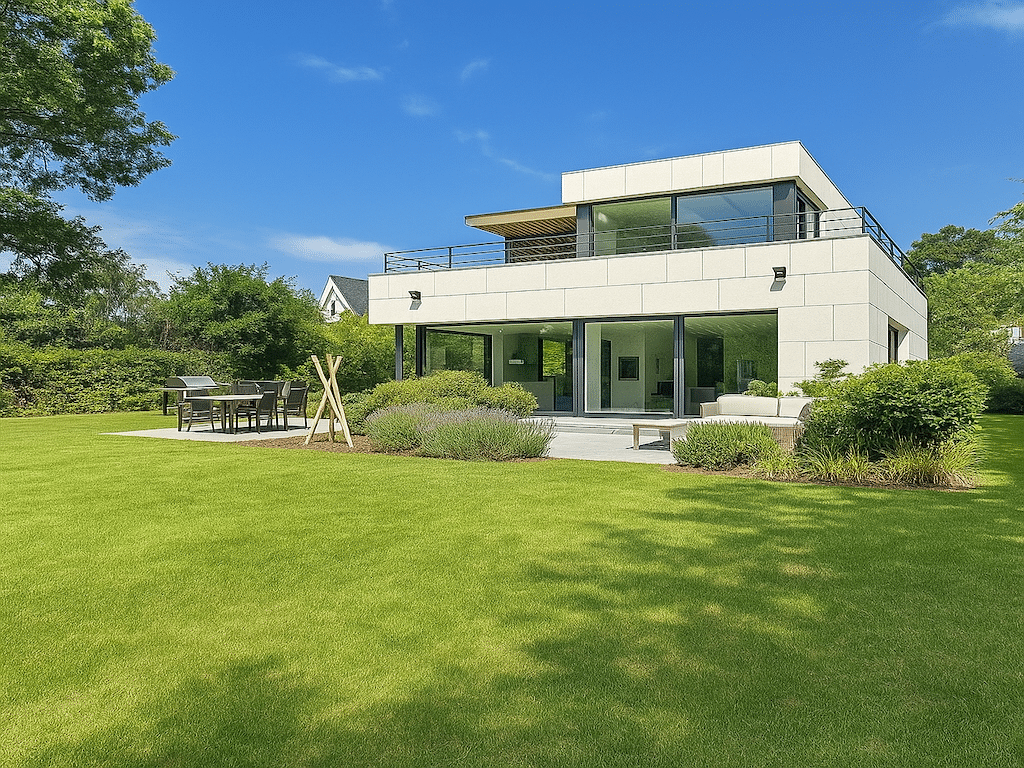 Maison moderne avec jardin, terrasse élégante, grandes fenêtres, ambiance contemporaine et paisible.