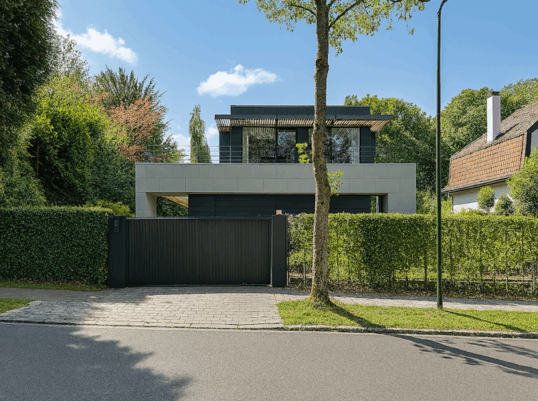 Maison moderne avec jardin, grandes fenêtres et cadre nature paisible en quartier résidentiel.