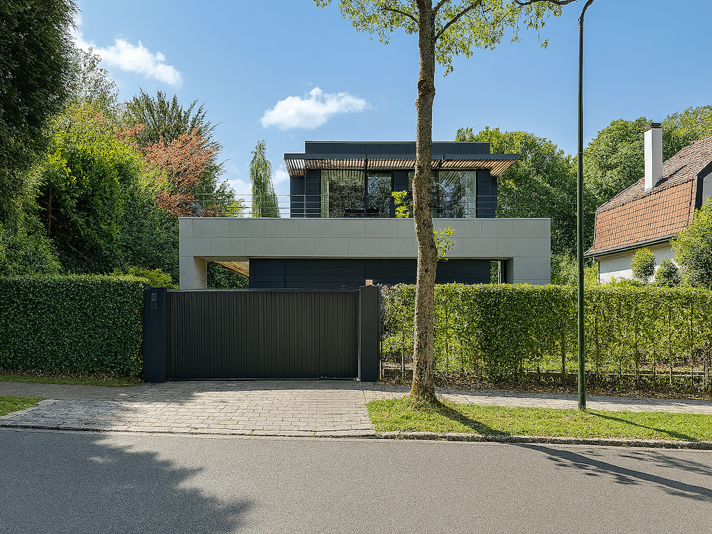 Maison moderne avec jardin, grandes fenêtres et cadre nature paisible en quartier résidentiel.