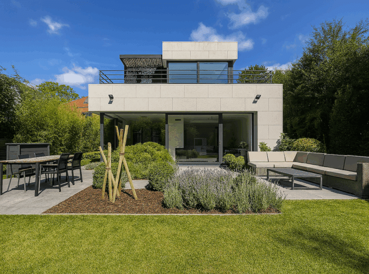 Maison moderne avec terrasse, jardin paysager et grand espace extérieur naturel.