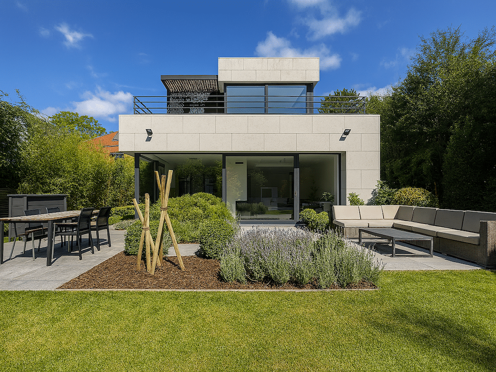 Maison moderne avec terrasse, jardin paysager et grand espace extérieur naturel.