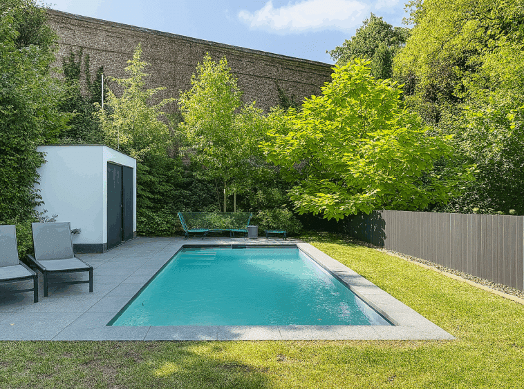 Piscine moderne entourée de verdure luxuriante, espaces détente et ambiance apaisante.
