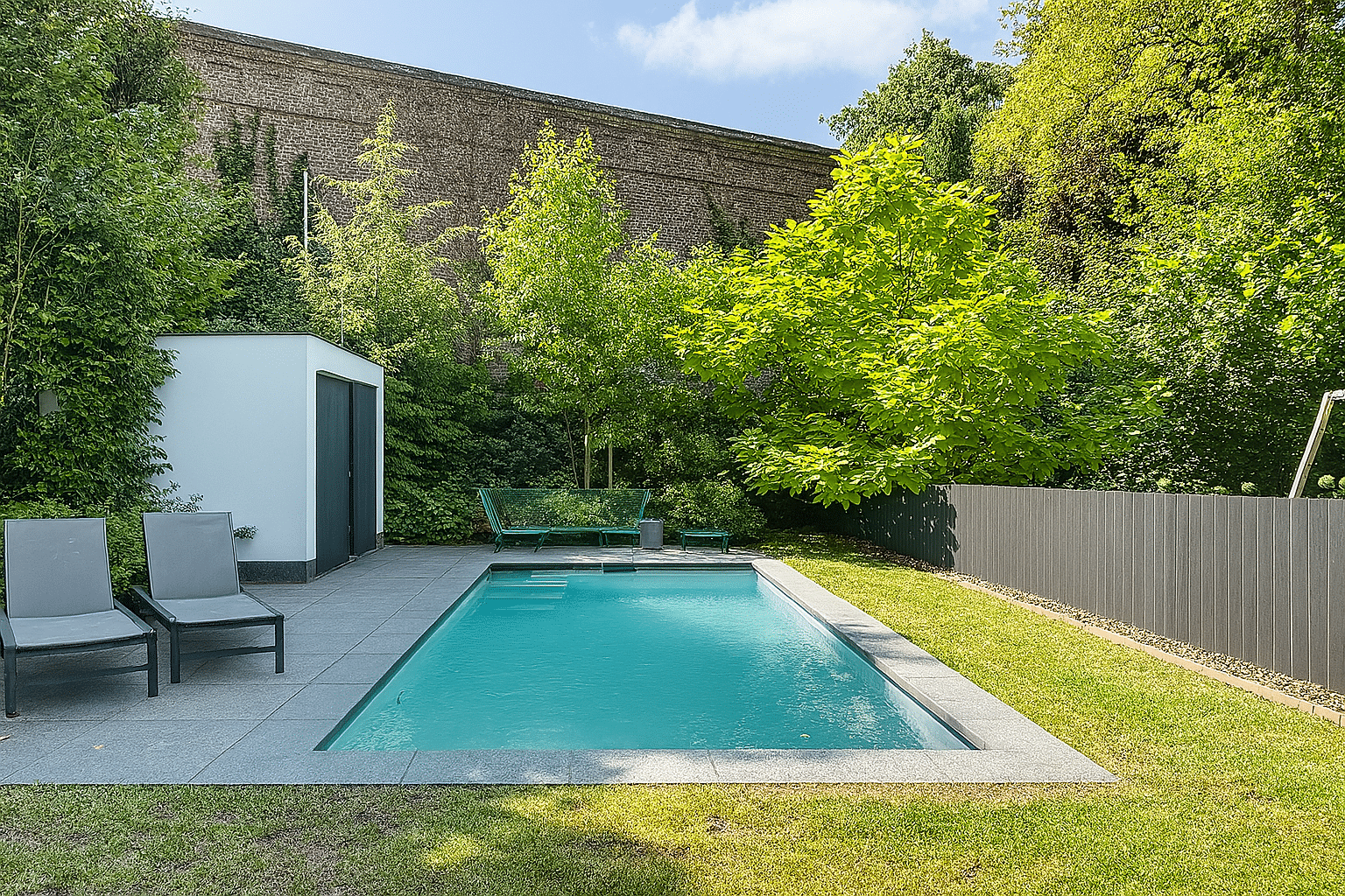 Piscine moderne entourée de verdure luxuriante, espaces détente et ambiance apaisante.