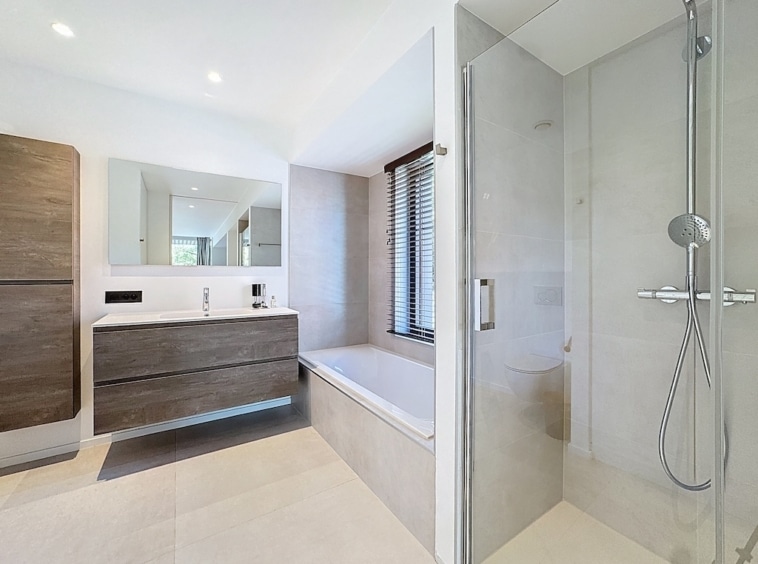 Salle de bain moderne avec douche en verre, baignoire, meuble en bois foncé, lumière naturelle.