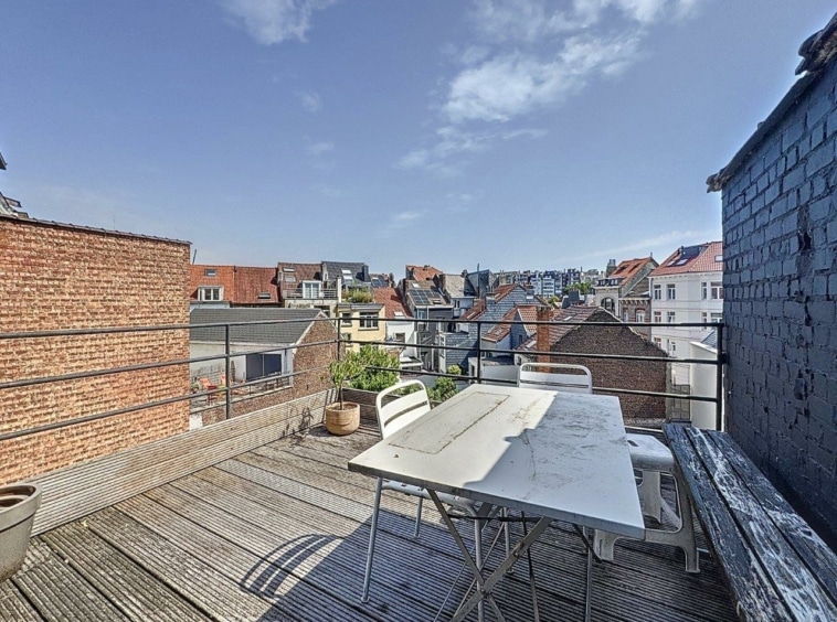 Terrasse urbaine ensoleillée avec vue, mobilier cosy, plantes, idéale pour détente en plein air.