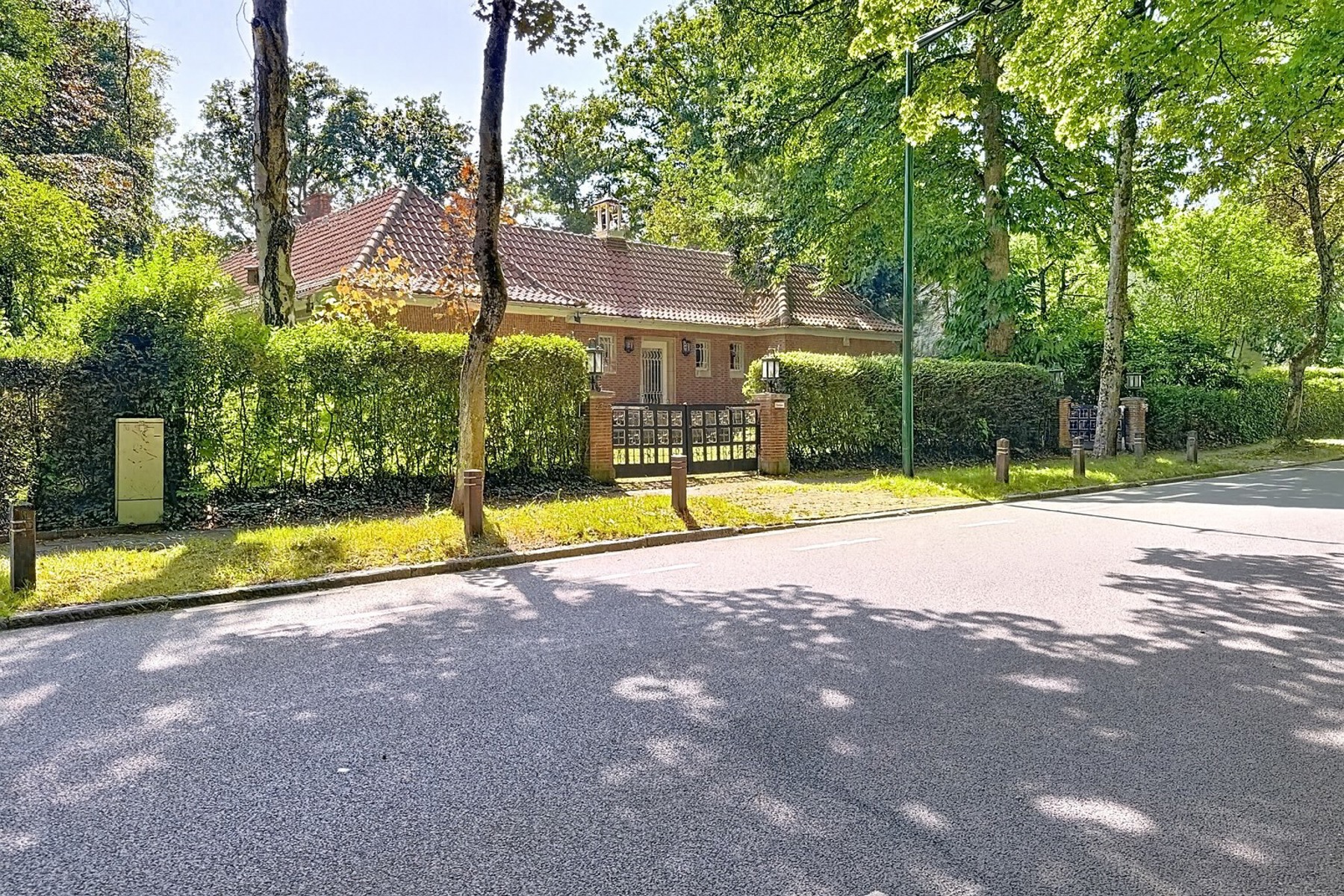 Rue résidentielle paisible avec maison en brique, haie verte et arbres ombragés sous soleil doux.