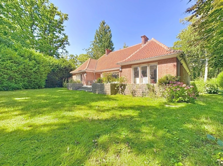 Maison de campagne chaleureuse avec jardin fleuri, arbre et soleil, ambiance paisible et accueillante.