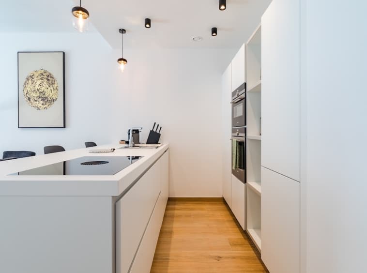 Cuisine moderne minimaliste blanche, îlot épuré, éclairage élégant, appareils encastrés et décoration artistique