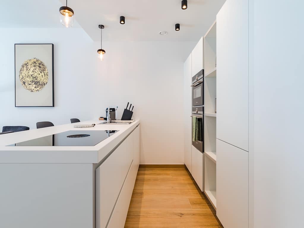 Cuisine moderne minimaliste blanche, îlot épuré, éclairage élégant, appareils encastrés et décoration artistique