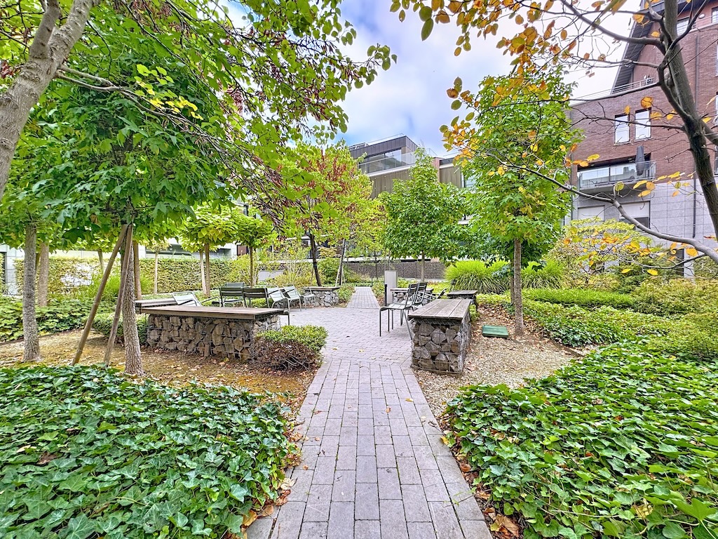 Jardin serein avec chemin en pierre, arbres verdoyants et bancs en bois pour la détente.