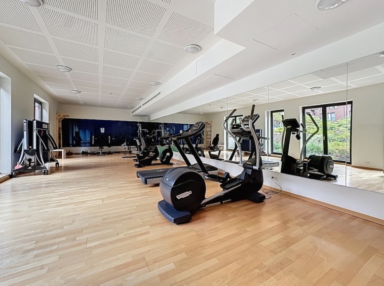 Salle de sport moderne avec équipement cardio, musculation, miroir et lumière naturelle.