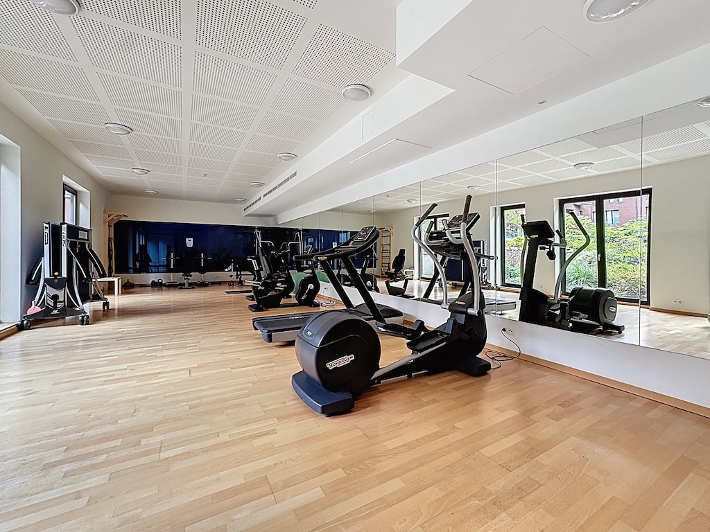 Salle de sport moderne avec équipement cardio, musculation, miroir et lumière naturelle.