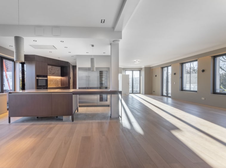 Salon moderne lumineux avec cuisine ouverte, sol en bois clair et grandes fenêtres panoramiques.