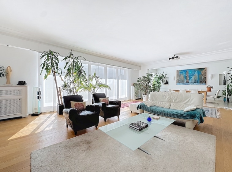 Salon lumineux avec canapé blanc, fauteuils noirs, plantes d’intérieur et espace repas moderne.