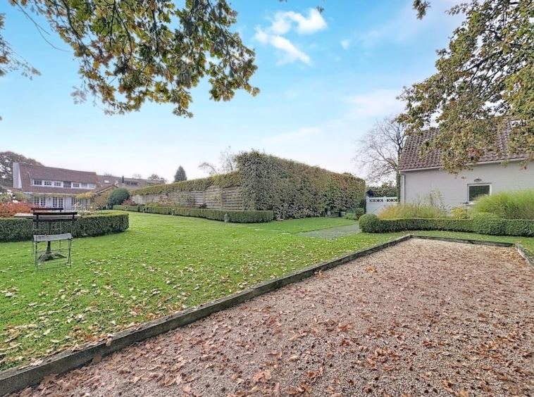 Rustige tuin met gazon, kiezelpad en groene bomen onder een blauwe hemel.