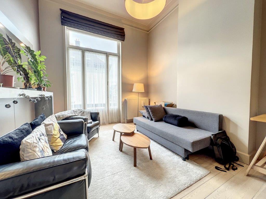 Salon élégant et cosy avec canapé gris, fauteuils en cuir, verdure et lumière naturelle.