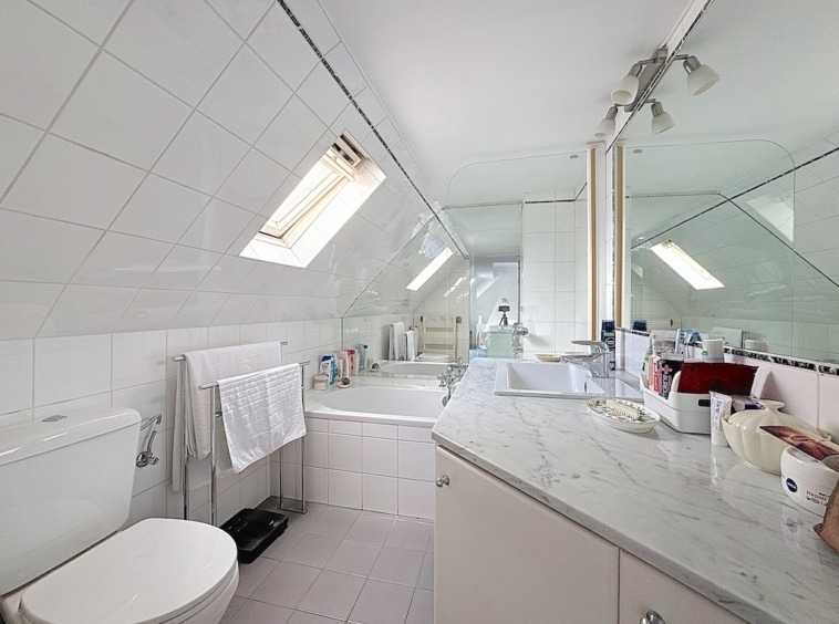 Salle de bain moderne avec lumière naturelle, douche, baignoire élégante, mobilier minimaliste et renouveau calme.