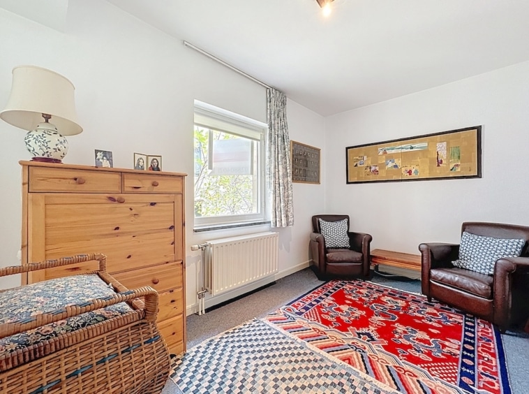 Salon cosy avec tapis coloré, fauteuils en cuir, lumière naturelle et décoration chaleureuse.