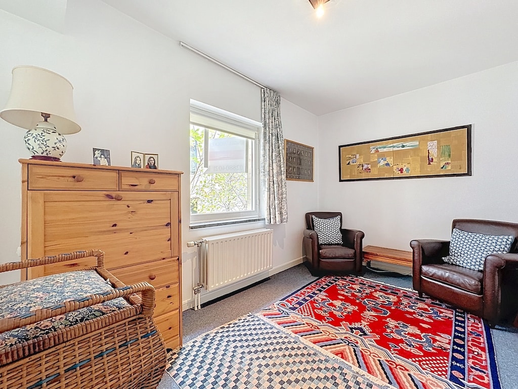 Salon cosy avec tapis coloré, fauteuils en cuir, lumière naturelle et décoration chaleureuse.