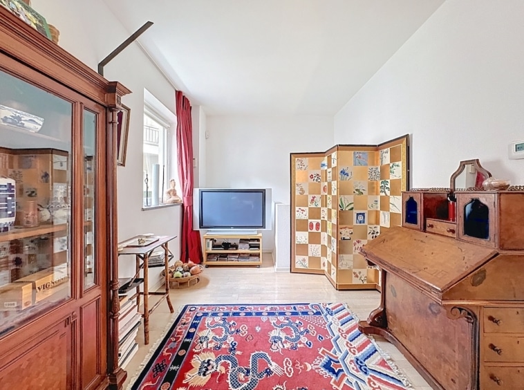 Salon cosy avec tapis coloré, mobilier vintage et moderne, ambiance chaleureuse et élégante.