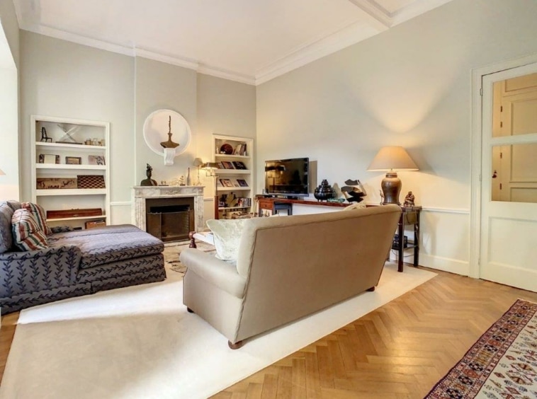 Salon moderne et cosy avec lumière naturelle, parquet, canapé chic et décoration élégante.