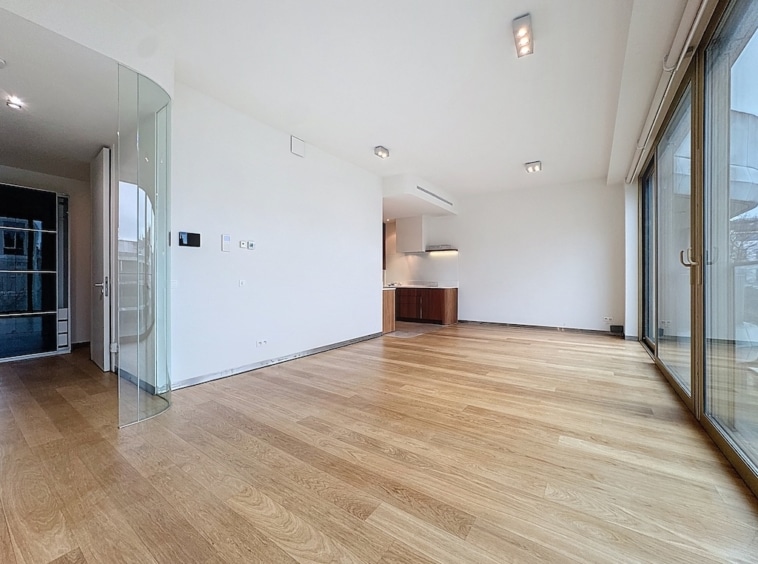 Salon moderne avec cuisine ouverte, lumière naturelle, sol en bois clair et design épuré.