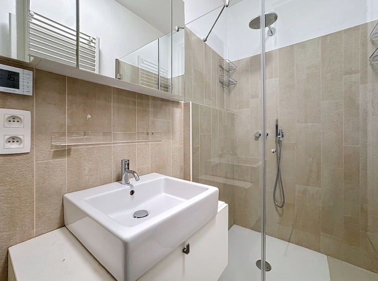 Salle de bain moderne compacte avec douche à litalienne, lavabo élégant et miroir mural.