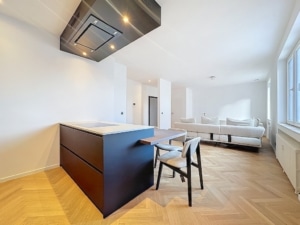 Salon et cuisine modernes lumineux avec îlot bois clair et mobilier minimaliste