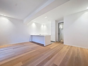 Intérieur moderne épuré avec cuisine minimaliste sol en bois clair et porte en verre lumineux