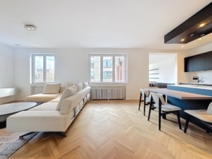 Salon moderne lumineux avec cuisine noir îlot central grandes fenêtres et décoration élégante