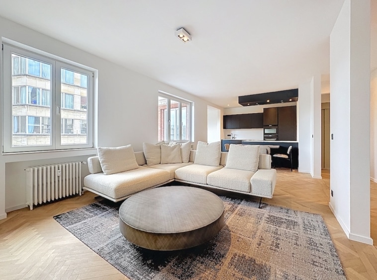 Salon lumineux avec canapé minimaliste, grande baie vitrée et cuisine moderne en arrière-plan.