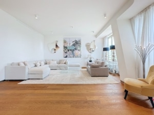 Salon moderne lumineux avec mobilier minimaliste œuvres abstraites et ambiance cosy