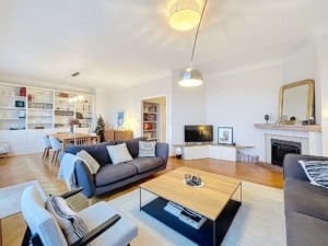 Salon contemporain lumineux et confortable avec mobilier épuré cheminée élégante et décoration chaleureuse