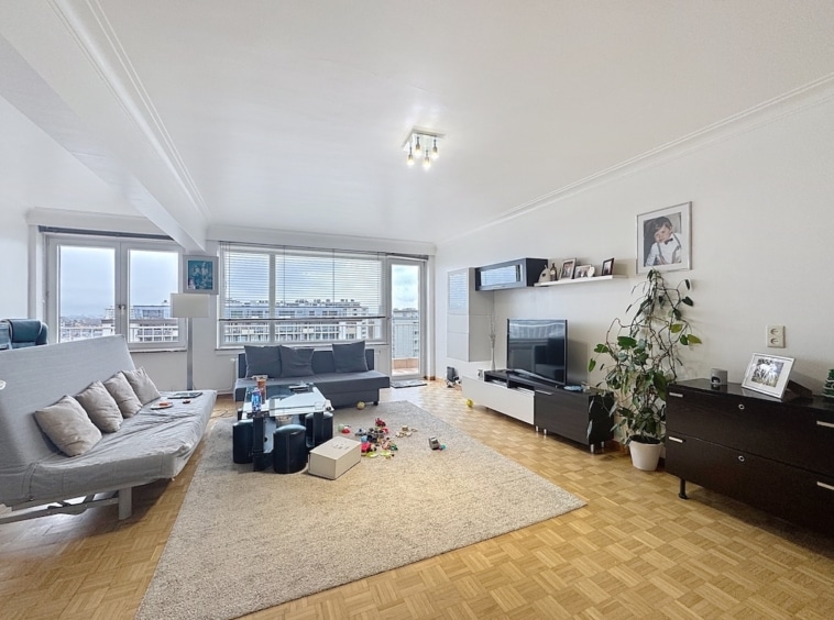 Salon lumineux et moderne avec canapé convertible, espace familial, décoration épurée et plantes vertes.